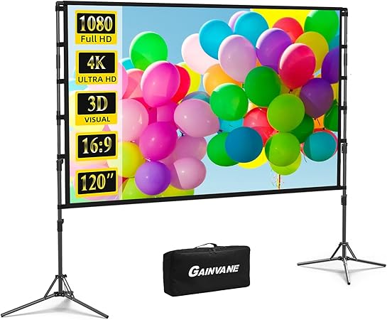 Projection Screen and Stand,GAINVANE 120 inch Portable Projector Screen Indoor Outdoor Projection Screen 16:9 4K HD Wrinkle-Free Light-Weight Movie Screen with Carry Bag for Backyard Movie Night