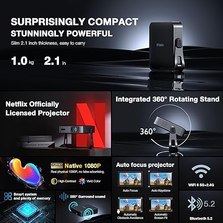 Smart Mini Projector 4K [Netflix Officially/Auto Focus/Keystone], VOPLLS 600 ANSI WiFi Bluetooth 1080P Full HD Portable Projectors, Moive Projector for Bedroom/Outdoor/Phone